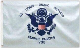 U.S. Coast Guard retired flag featuring the official emblem with eagle, shield, and motto, ideal for patriotic displays and marine enthusiasts.