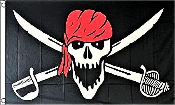 Skull with red bandana, swords crossed, pirate-themed design, ideal for pirate flags and costumes, suitable for costumes, parties, or decor at El Cheapo Flag Store.