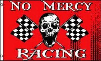 Checkered racing flags with skull and "No Mercy Racing" text, symbolizing competitive motorsport spirit.