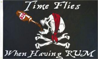 Bottle of rum drinking skull flag design with skull and crossbones, humorous pirate-themed decor for bar or party. Perfect for a fun, unique addition to your collection of flags and banners at El Cheapo Flag Store.