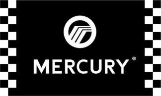 High-quality Mercury logo flag with black and white checkered borders, ideal for car races, motorsports, or racing events, showcasing premium flag craftsmanship from El Cheapo Flag Store.