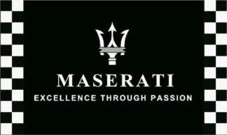 Maserati logo with slogan "Excellence Through Passion" on a black background, featuring a distinctive trident emblem, representing luxury car brand Maserati.