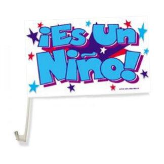 Brightly colored "¡Es Un Niño!" party flag featuring stars, perfect for celebrating a new baby boy. Ideal for birthdays, gender reveal parties, and baby shower decorations from El Cheapo Flag Store.